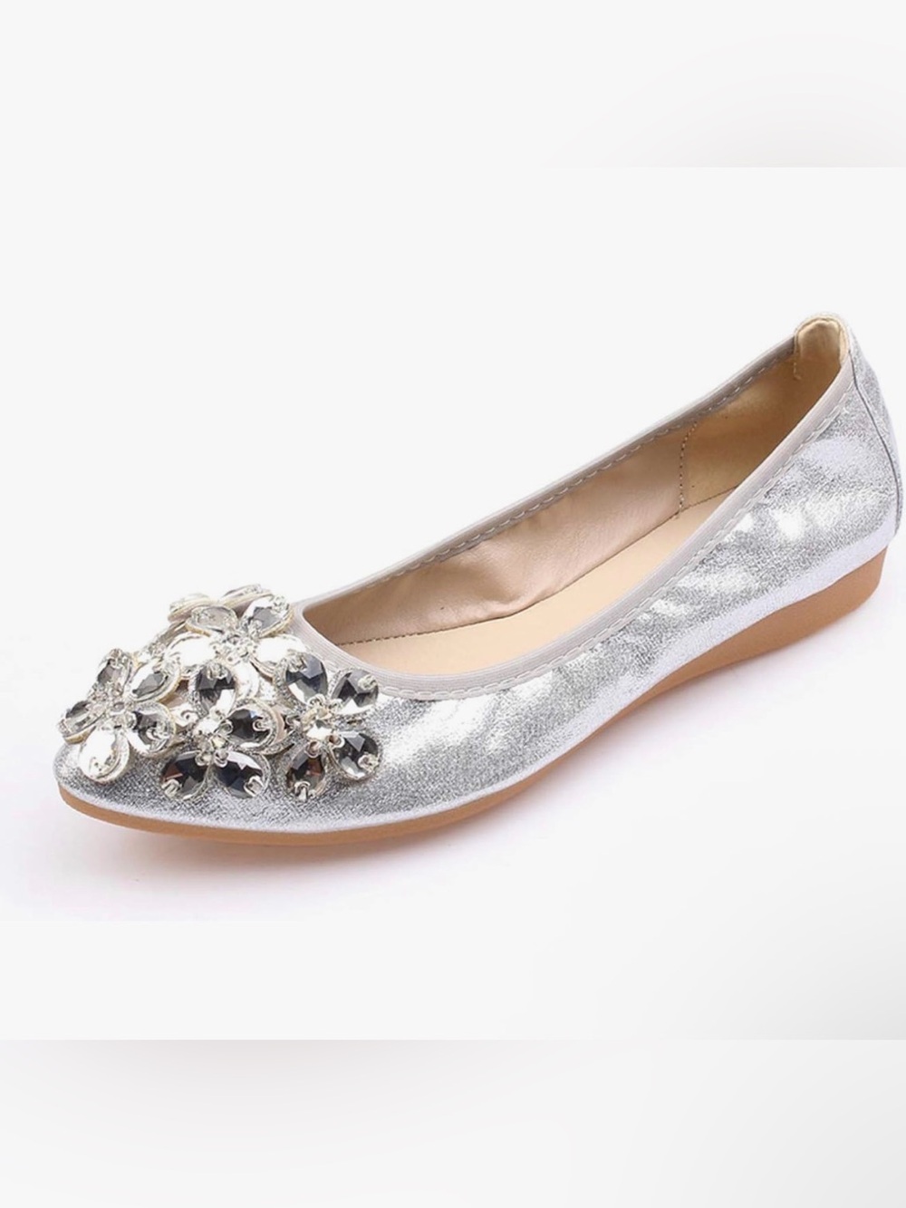 Silver Jeweled Pointed Toe Ballet Flats Size 7.5